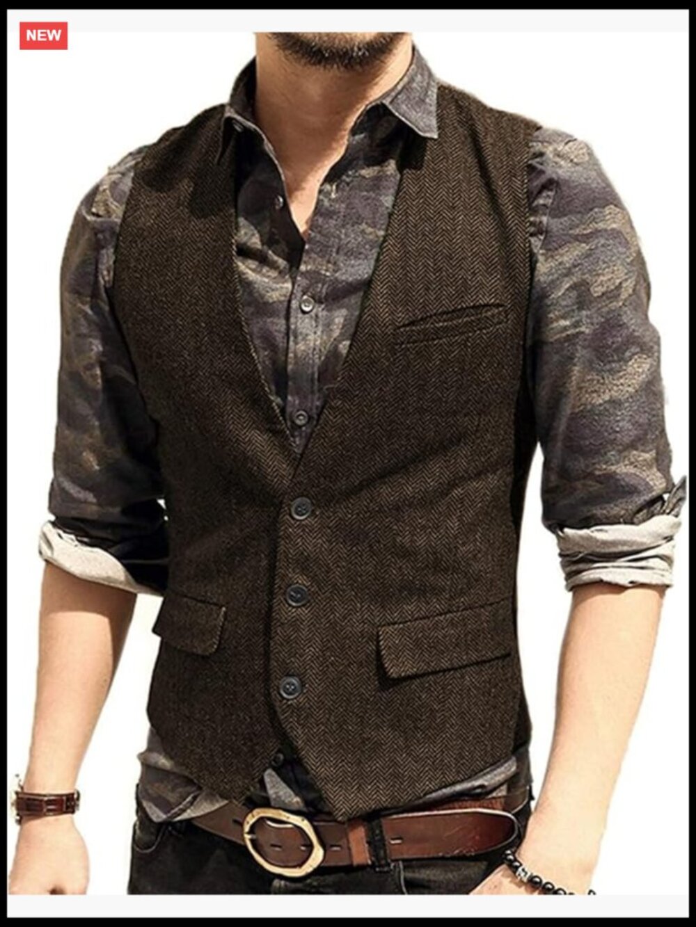 Men's Slim Fit Herringbone Vest with Pockets for Wedding Prom